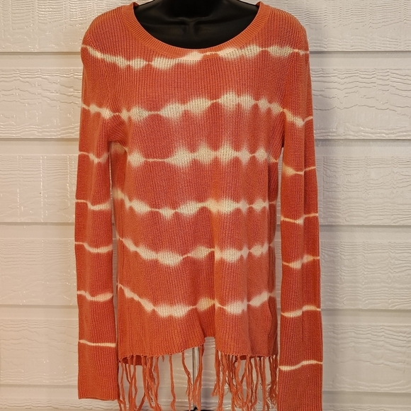 Knox Rose Sweaters - Small  Tie-Dye Pink Striped Split Back Fringe Knit Sweater Boho Fall Winter Cozy